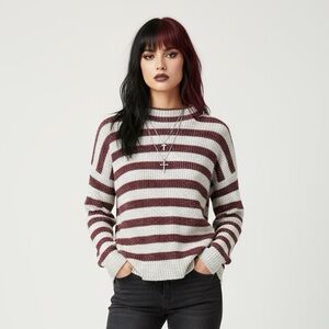 American Eagle Striped Mock Neck Long Sleeve  Sweater Gray White Burgundy Sz M